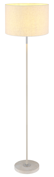 Stehleuchte mit rundem Stoffschirm und schlankem, geradem Ständer, seitliche Perspektive