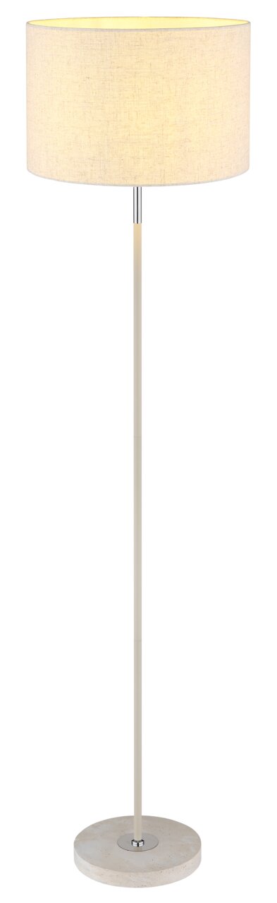 Staande lamp met ronde stoffen kap en slanke, rechte voet, zijaanzicht