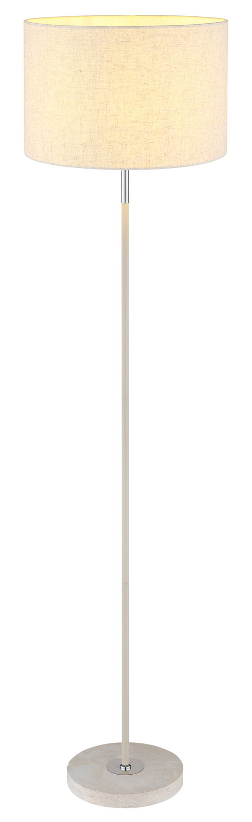 Stehleuchte mit rundem Stoffschirm und schlankem, geradem Ständer, seitliche Perspektive