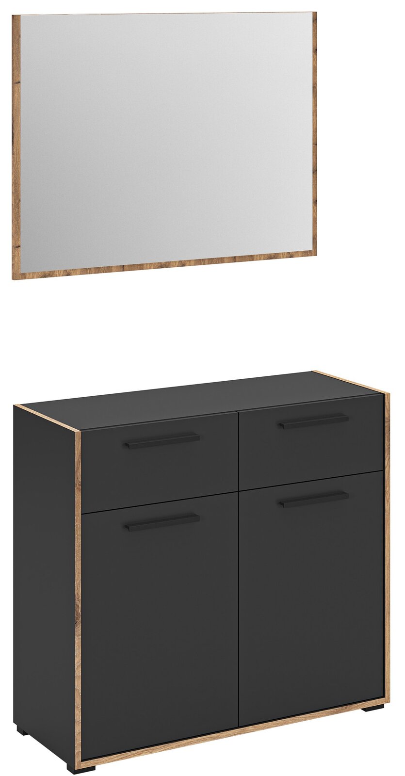 Modernes Badmöbel-Set mit rechteckigem Spiegel im Holzrahmen und schwarzem Unterschrank mit Holzakzenten und vier Fronten, schräg von vorn in leichter Seitenansicht dargestellt