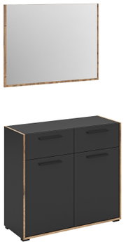 Modernes Badmöbel-Set mit rechteckigem Spiegel im Holzrahmen und schwarzem Unterschrank mit Holzakzenten und vier Fronten, schräg von vorn in leichter Seitenansicht dargestellt