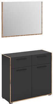 Modernes Badmöbel-Set mit rechteckigem Spiegel im Holzrahmen und schwarzem Unterschrank mit Holzakzenten und vier Fronten, schräg von vorn in leichter Seitenansicht dargestellt