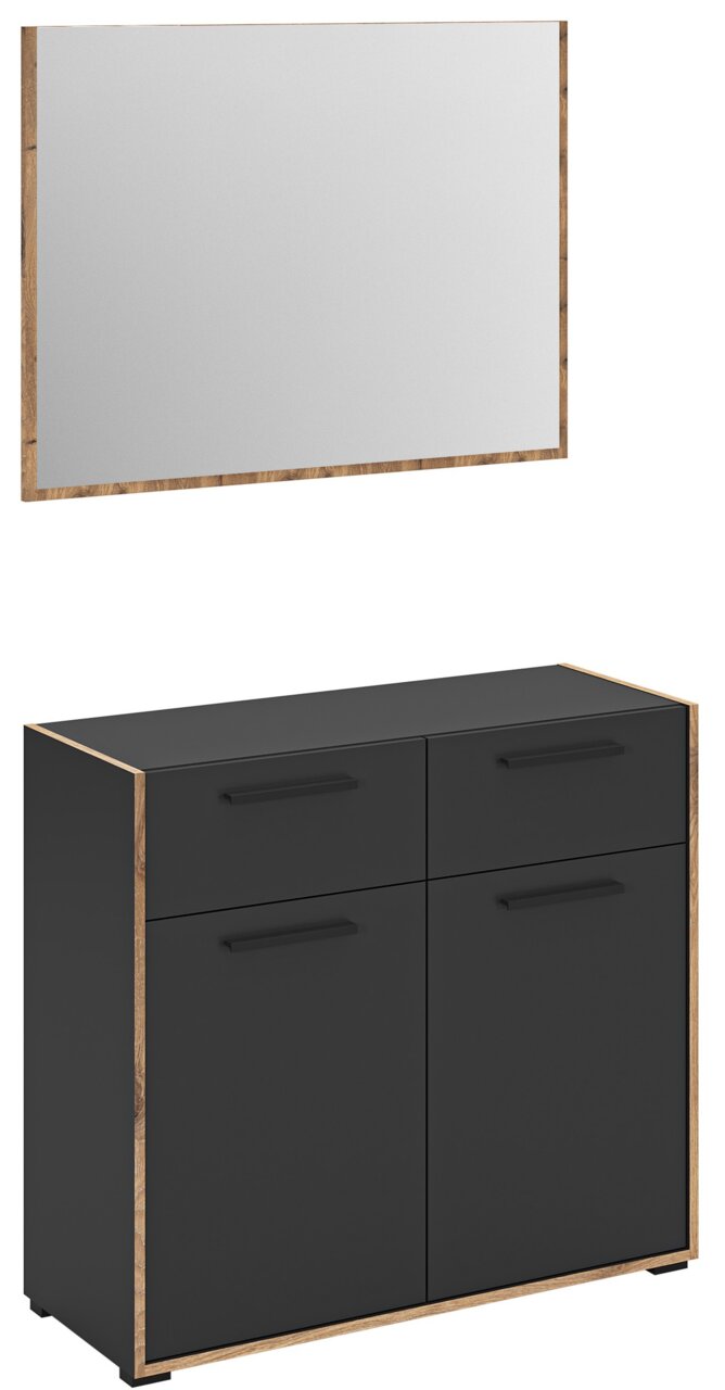 MID.YOU Garderobenkombination BUENO Modernes Badmöbel-Set mit rechteckigem Spiegel im Holzrahmen und schwarzem Unterschrank mit Holzakzenten und vier Fronten, schräg von vorn in leichter Seitenansicht dargestellt