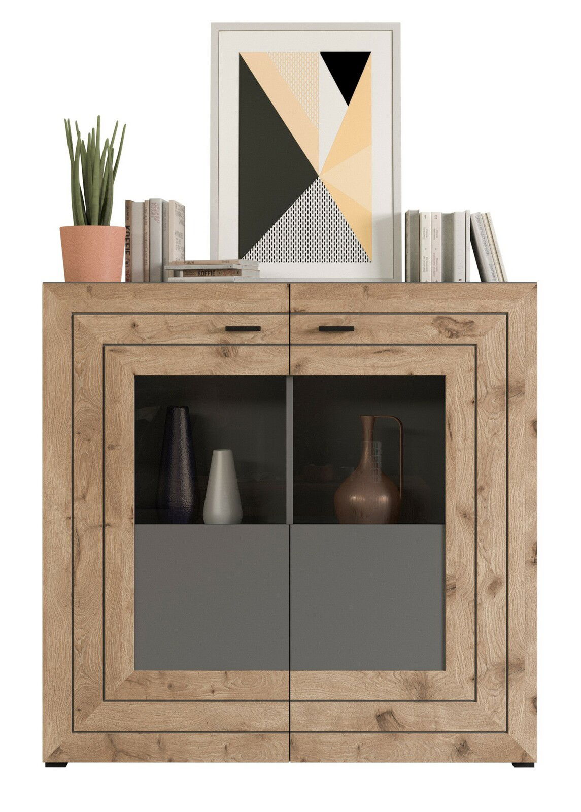 Frontale Ansicht eines modernen Highboards aus Holz mit zwei Türen, dekoriert mit Büchern, einer Pflanze und einem geometrischen Kunstwerk.