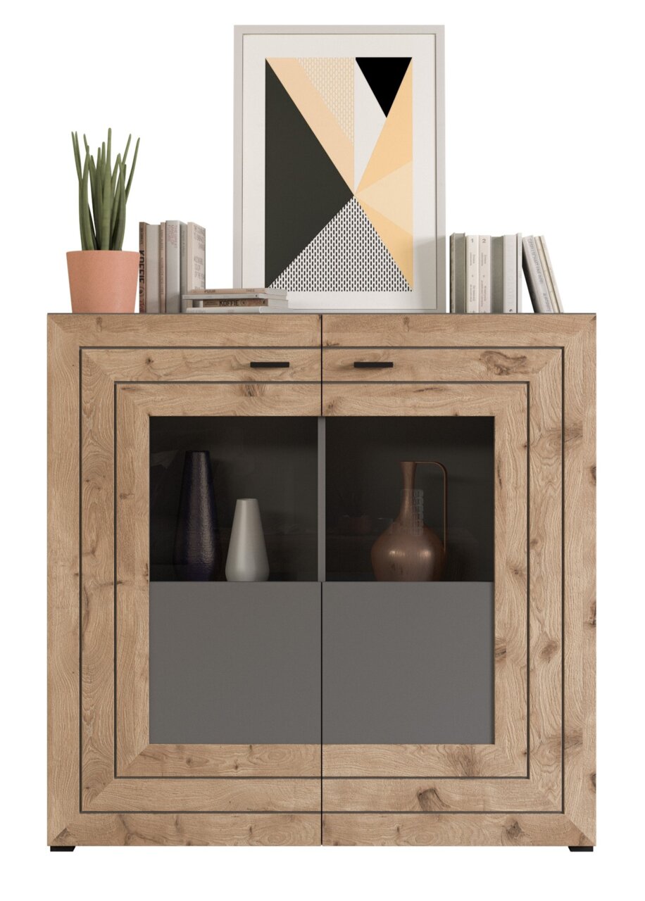 Frontale Ansicht eines modernen Highboards aus Holz mit zwei Türen, dekoriert mit Büchern, einer Pflanze und einem geometrischen Kunstwerk.