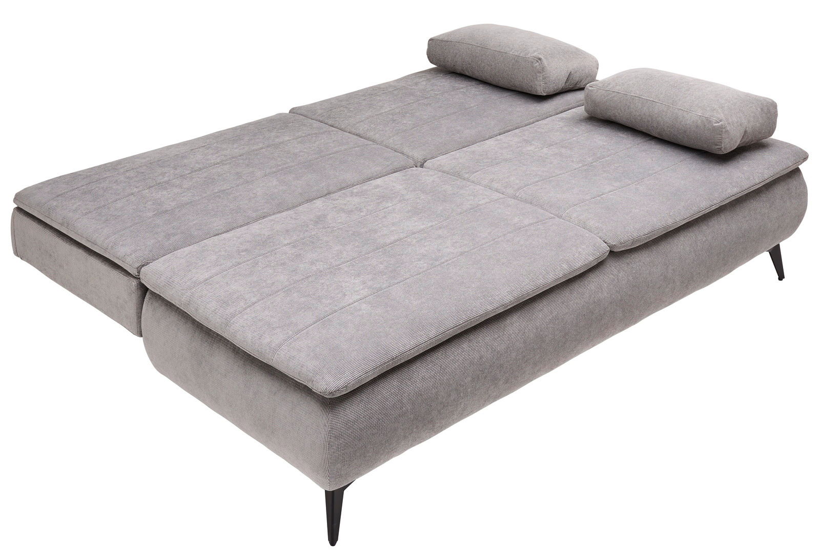 Graues Boxspring-Funktionssofa in ausgeklappter Position, seitliche Perspektive