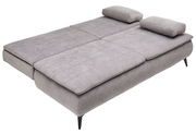 Graues Boxspring-Funktionssofa in ausgeklappter Position, seitliche Perspektive