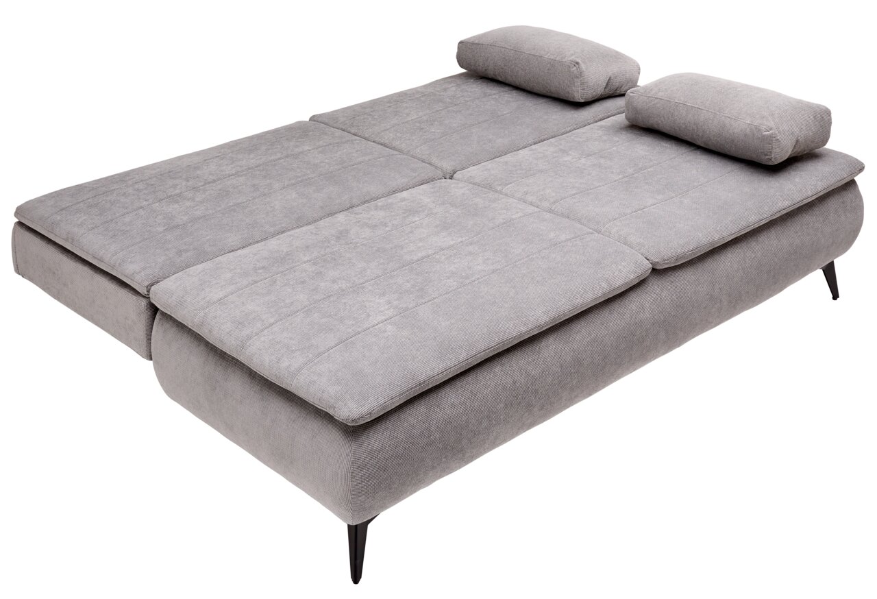 Grijze boxspring-functiebank in uitgeklapte stand, zijaanzicht