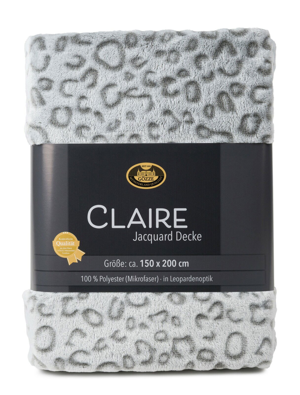 Graue Jacquard-Wohndecke mit Leopardenmuster, Größe 150x200 cm, aus 100% Polyester, Vorderansicht