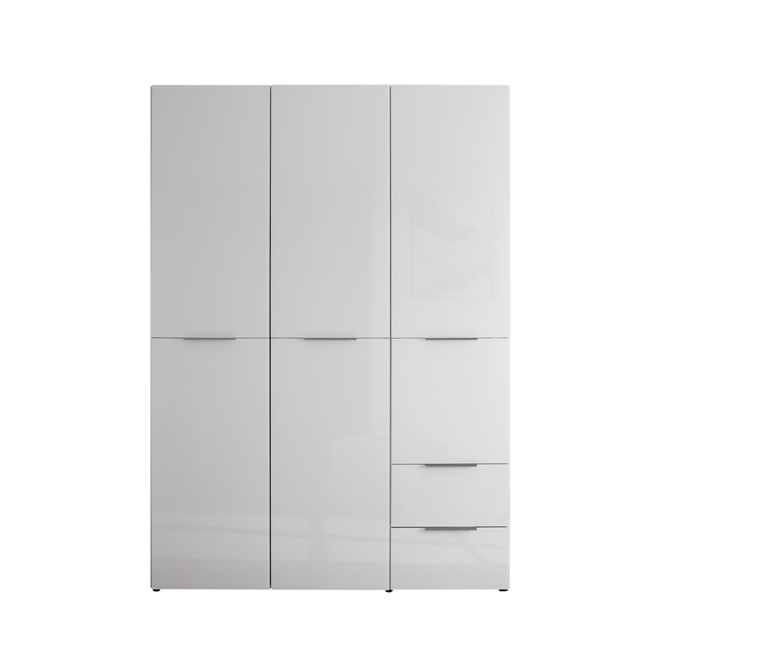 Weißer, modularer Kleiderschrank mit mehreren Türen und Schubladen, freistehend vor neutralem Hintergrund, Frontansicht.