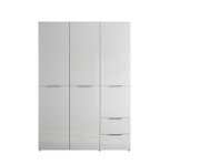 Weißer, modularer Kleiderschrank mit mehreren Türen und Schubladen, freistehend vor neutralem Hintergrund, Frontansicht.