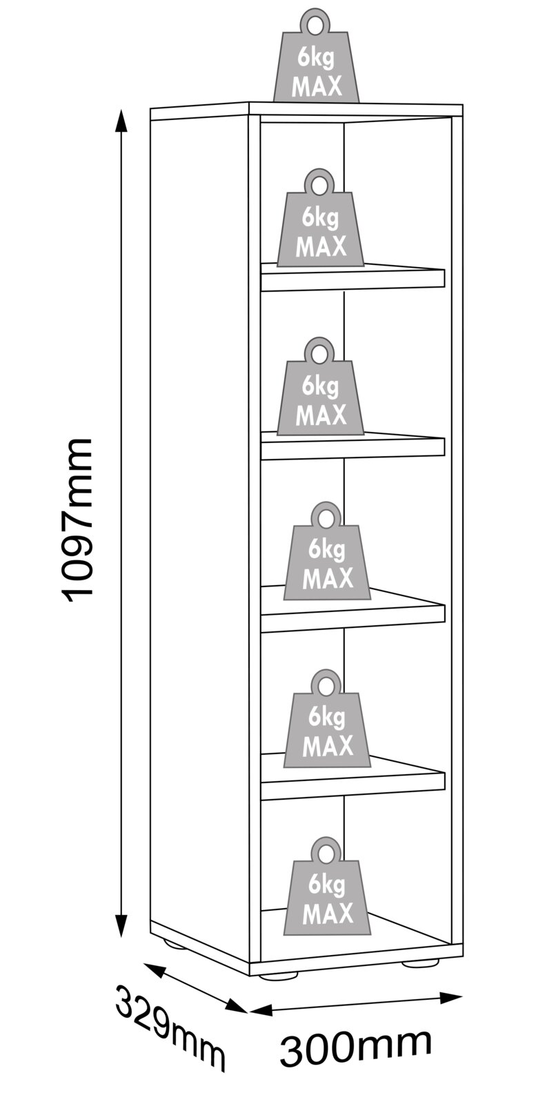 Technische Strichzeichnung eines schmalen Standregals mit 5 Ablageflächen, Maße 1097 mm Höhe, 300 mm Breite und 329 mm Tiefe, je Boden mit 6 kg max. belastbar, perspektivische Ansicht schräg von vorn