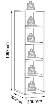 Technische Strichzeichnung eines schmalen Standregals mit 5 Ablageflächen, Maße 1097 mm Höhe, 300 mm Breite und 329 mm Tiefe, je Boden mit 6 kg max. belastbar, perspektivische Ansicht schräg von vorn