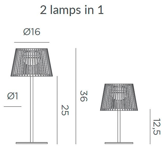 Technische Maßskizze einer 2-in-1 Tischlampe mit Lampenschirm, Vorderansicht; zeigt zwei Größenvarianten mit Ø16 und Höhen 36/25 sowie 12,5.