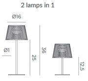 Technische Maßskizze einer 2-in-1 Tischlampe mit Lampenschirm, Vorderansicht; zeigt zwei Größenvarianten mit Ø16 und Höhen 36/25 sowie 12,5.