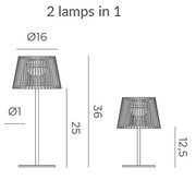Technische Maßskizze einer 2-in-1 Tischlampe mit Lampenschirm, Vorderansicht; zeigt zwei Größenvarianten mit Ø16 und Höhen 36/25 sowie 12,5.