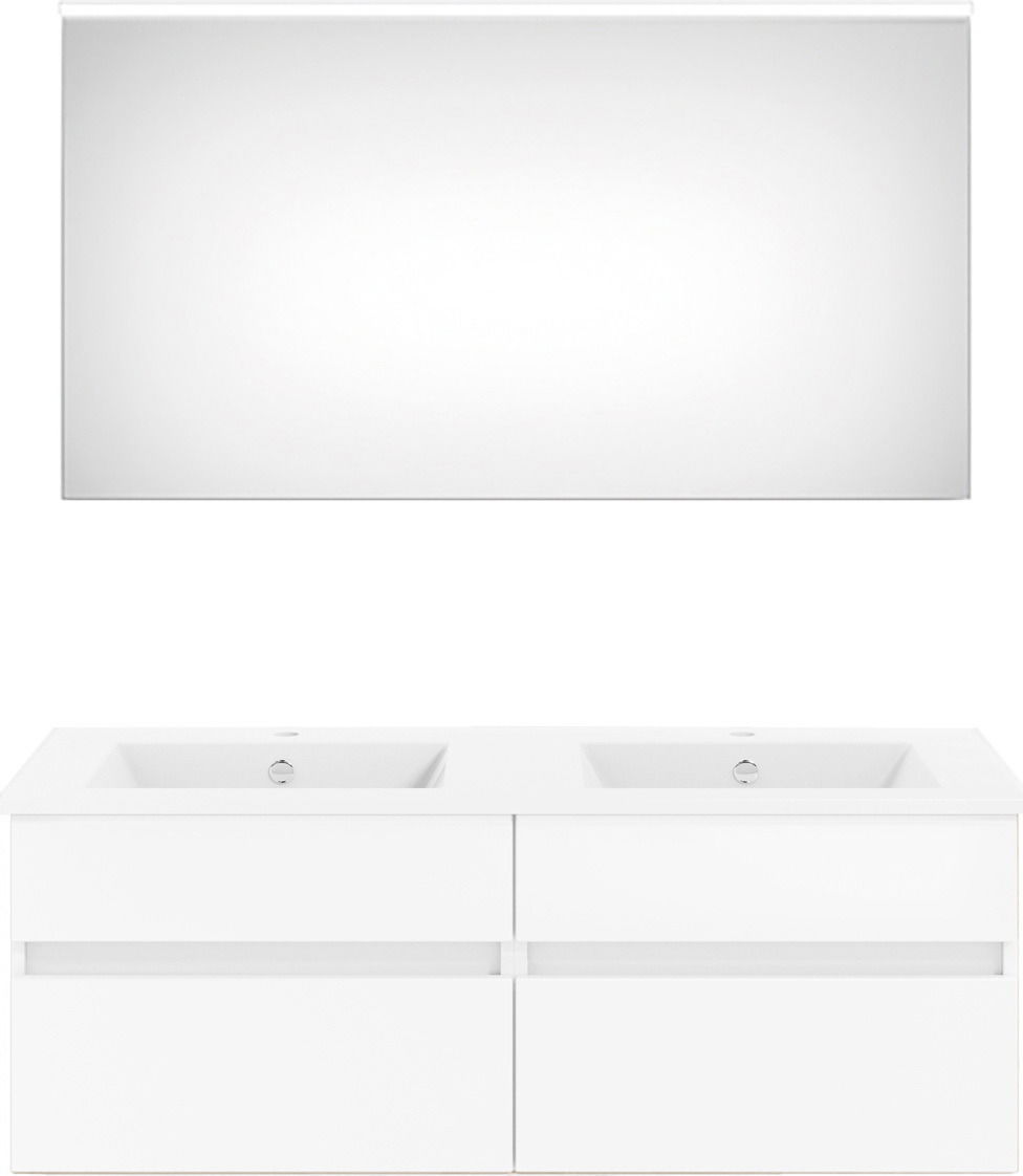 Moderne Badkombination aus der Serie NEXT4YOU von Puris mit zwei Waschbecken und großem Spiegel, frontal abgebildet.