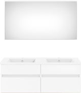 Moderne Badkombination aus der Serie NEXT4YOU von Puris mit zwei Waschbecken und großem Spiegel, frontal abgebildet.