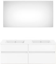 Moderne Badkombination aus der Serie NEXT4YOU von Puris mit zwei Waschbecken und großem Spiegel, frontal abgebildet.