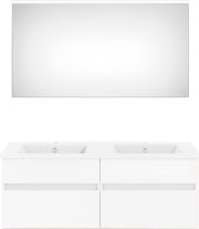 Moderne Badkombination aus der Serie NEXT4YOU von Puris mit zwei Waschbecken und großem Spiegel, frontal abgebildet.