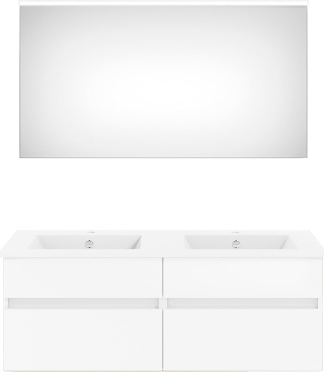 Moderne Badkombination aus der Serie NEXT4YOU von Puris mit zwei Waschbecken und großem Spiegel, frontal abgebildet.