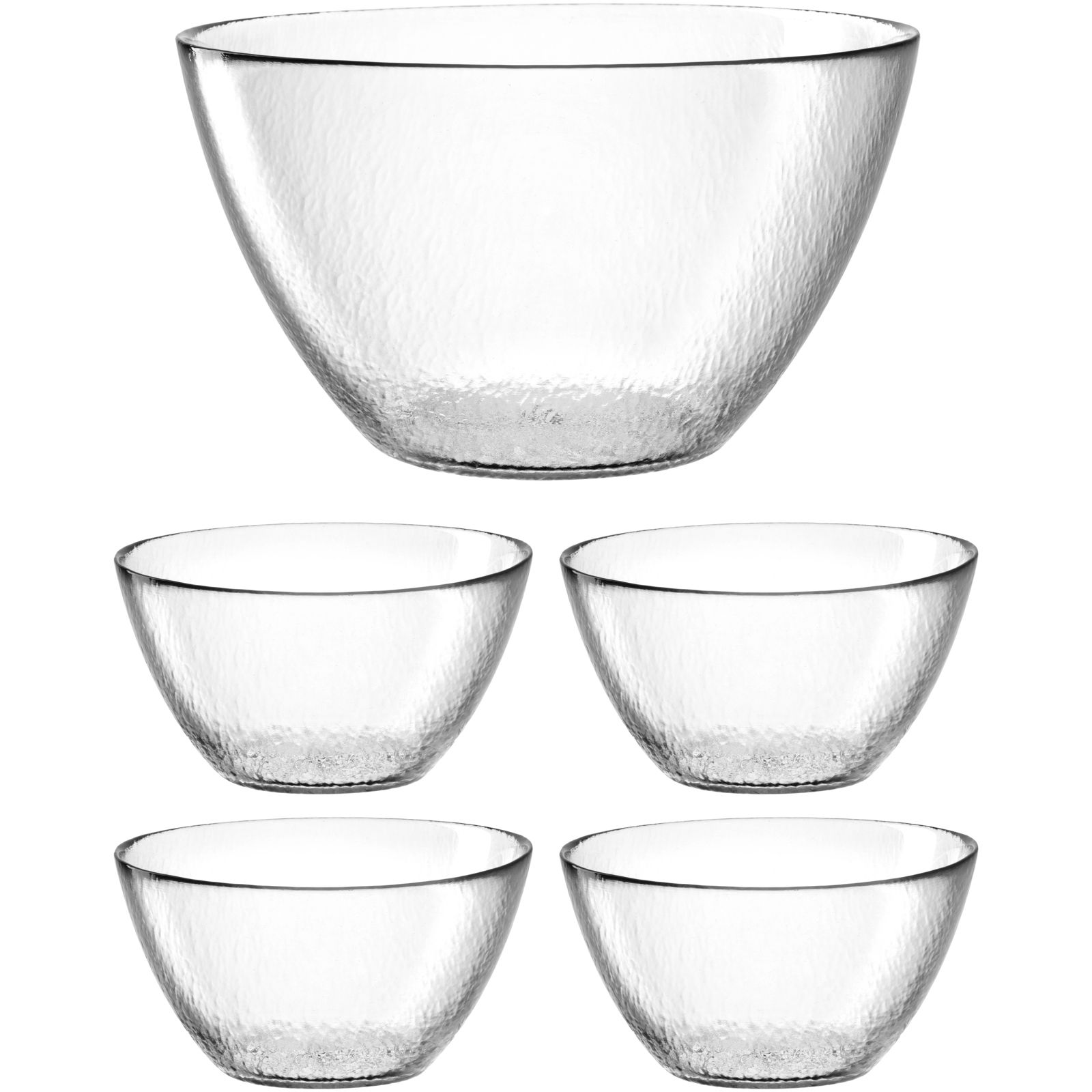 Fünfteiliges Schalenset aus klarem Glas, frontal abgebildet. Eine große Schale oben und vier kleinere Schalen darunter.