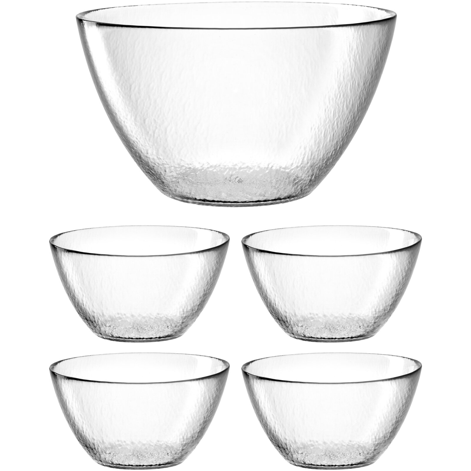 Fünfteiliges Schalenset aus klarem Glas, frontal abgebildet. Eine große Schale oben und vier kleinere Schalen darunter.