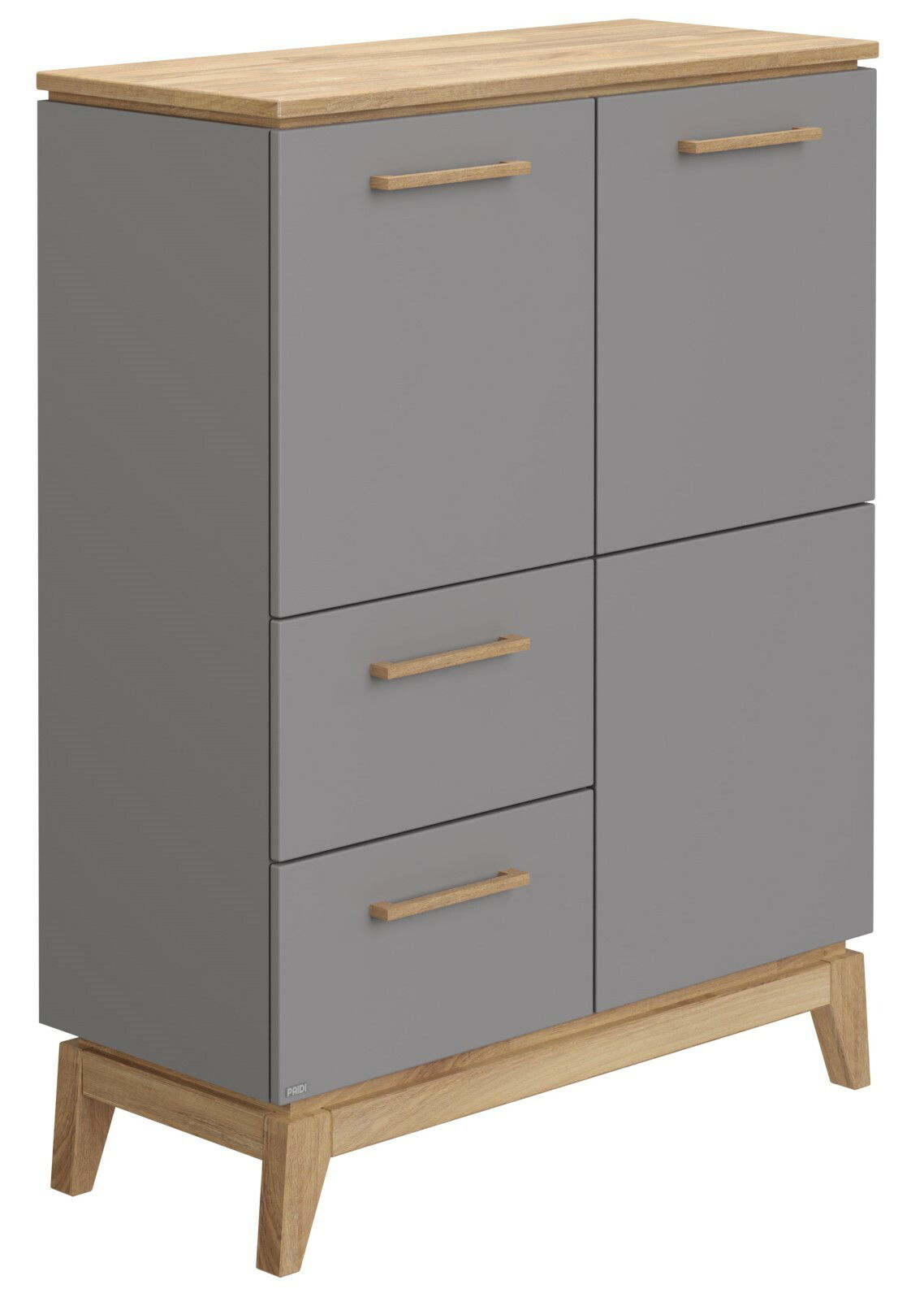 Graues Highboard mit Holzgriffen und -füßen, seitliche Perspektive