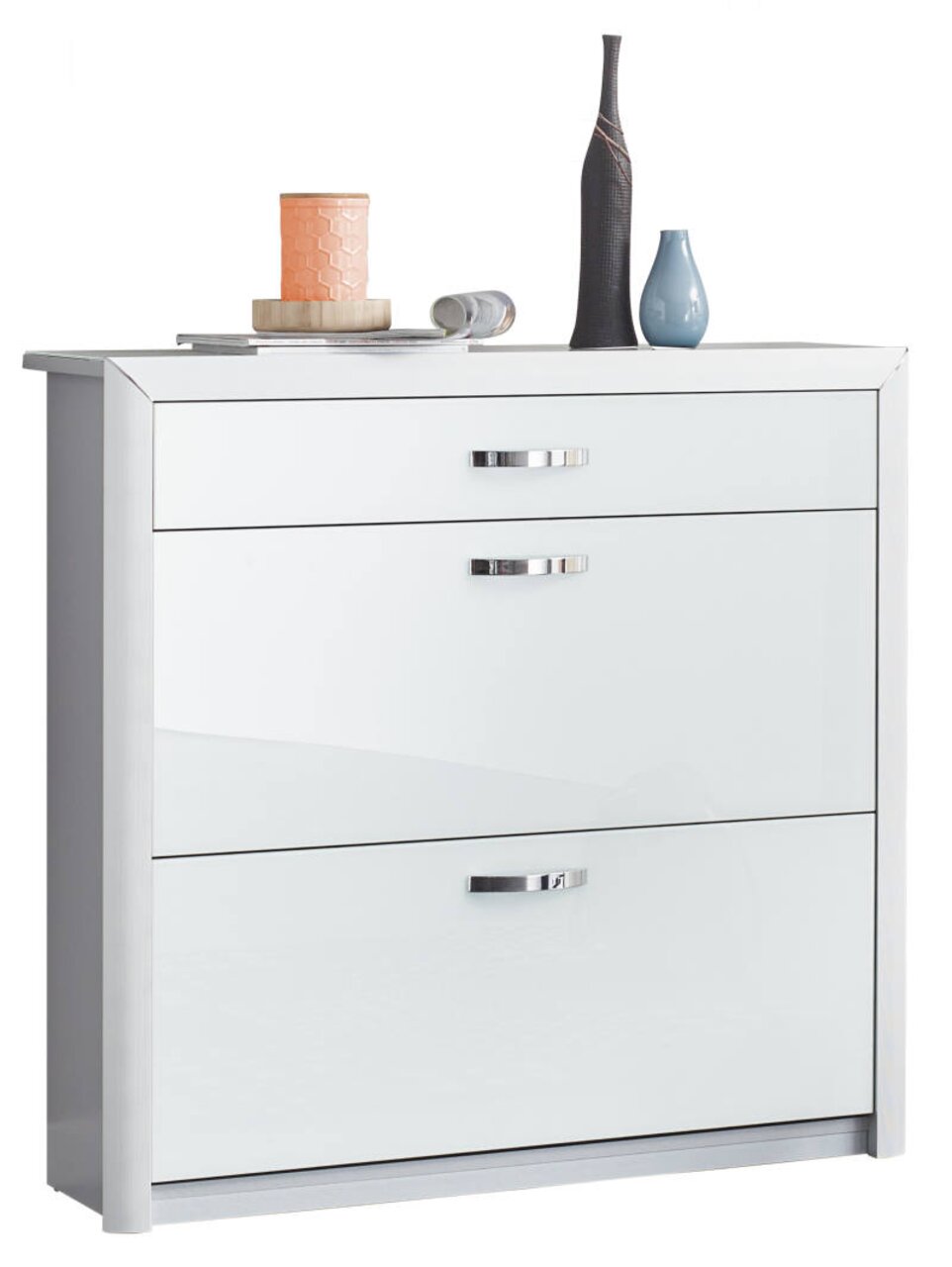 Moderner weißer Schuhschrank mit drei Schubladen, dekoriert mit Vasen und einer Kerze, seitliche Perspektive
