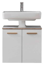 Moderner Waschbeckenunterschrank in Weiß mit zwei Türen und Holzgriffen, frontal abgebildet unter einem rechteckigen Waschbecken.