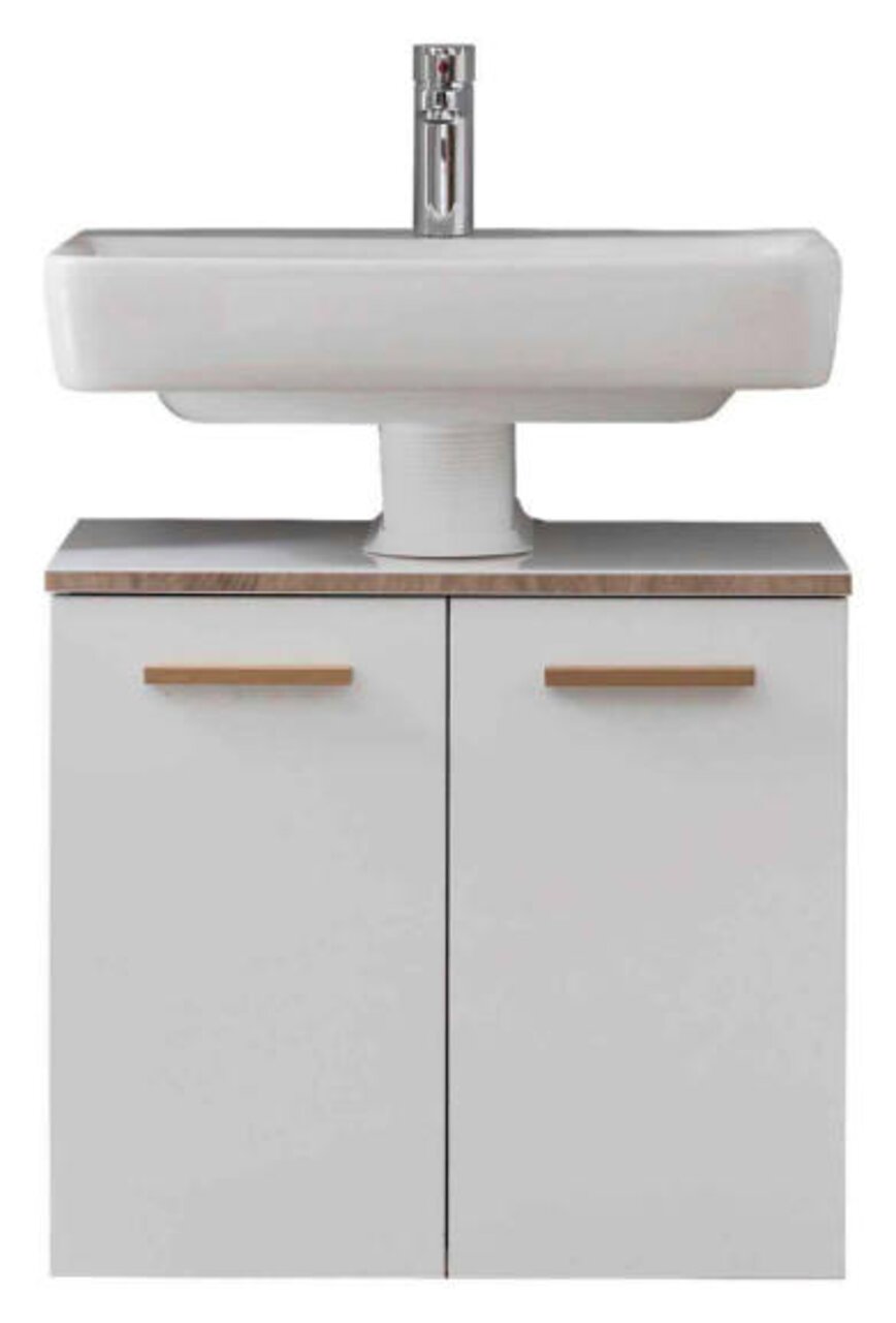 XORA Waschbeckenunterschrank BURGAS Moderner Waschbeckenunterschrank in Weiß mit zwei Türen und Holzgriffen, frontal abgebildet unter einem rechteckigen Waschbecken.