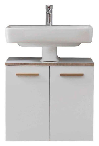 Moderner Waschbeckenunterschrank in Weiß mit zwei Türen und Holzgriffen, frontal abgebildet unter einem rechteckigen Waschbecken.