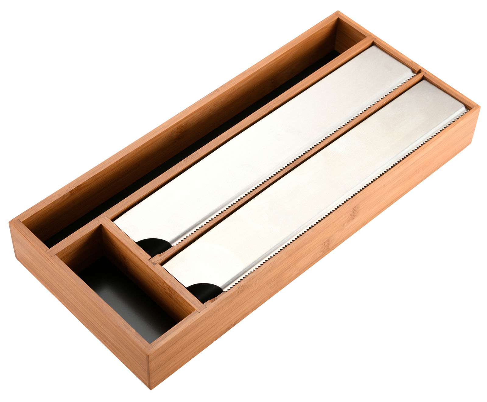 Folienspender aus Holz für die Schublade, Ansicht von oben, mit zwei Fächern und Metallschneidekanten.