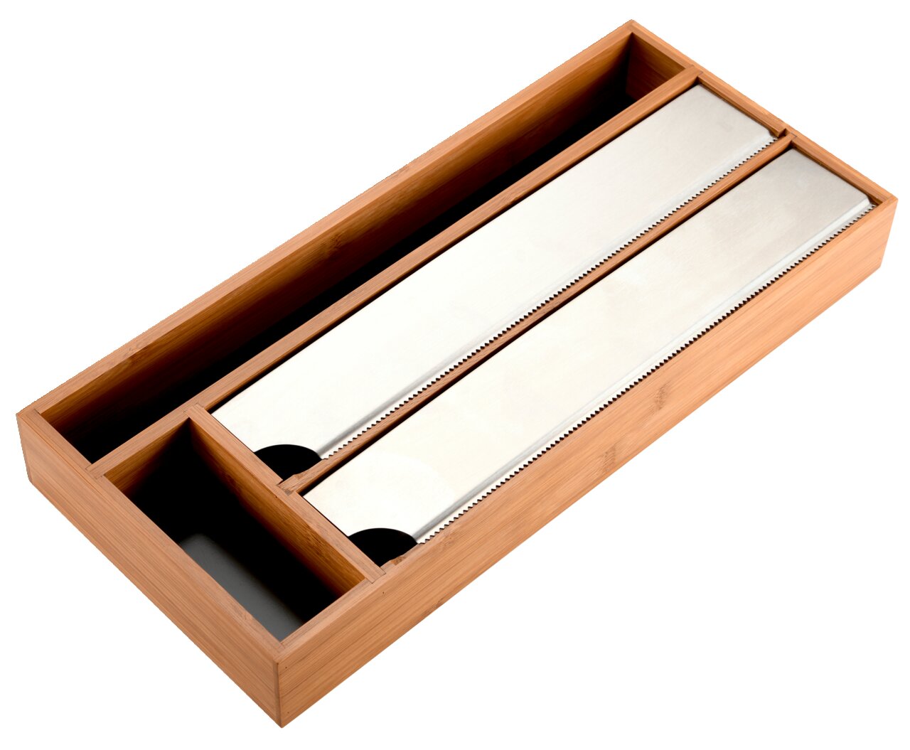 Houten foliedispenser voor in de lade, bovenaanzicht, met twee vakken en metalen snijranden.