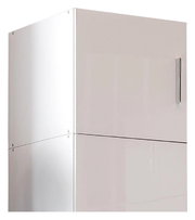 Weißer Schrankaufsatz mit Metallgriff, seitliche Perspektive