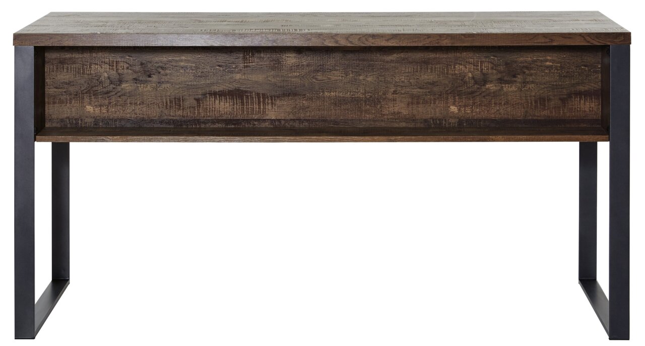 Moderner Schreibtisch aus Holz mit Metallbeinen, Frontalansicht