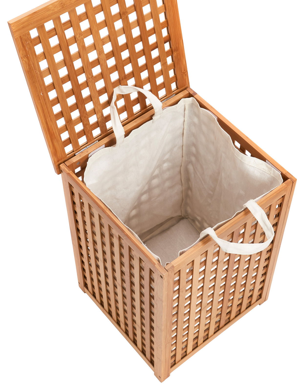 Offener Wäschesammler aus Bambus mit herausnehmbarem Stoffeinsatz, von oben betrachtet.