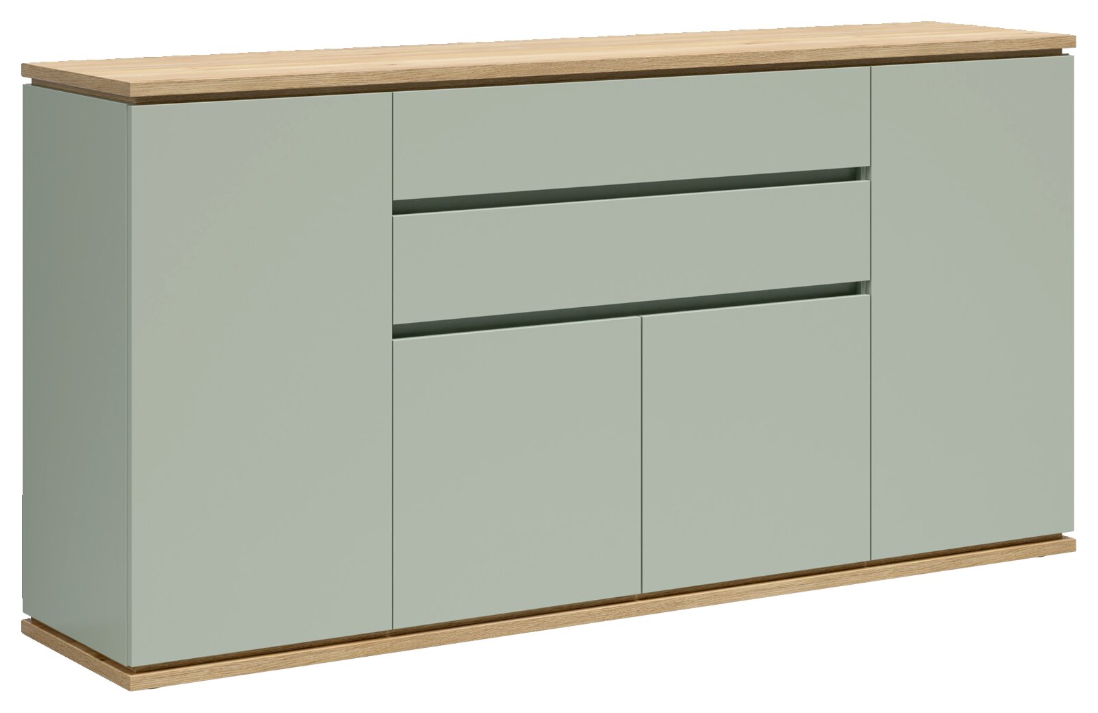 Modernes Sideboard in Salbeigrün mit Holzplatte und Holzsockel, zwei Schubladen und Türen, Ansicht schräg von vorne links