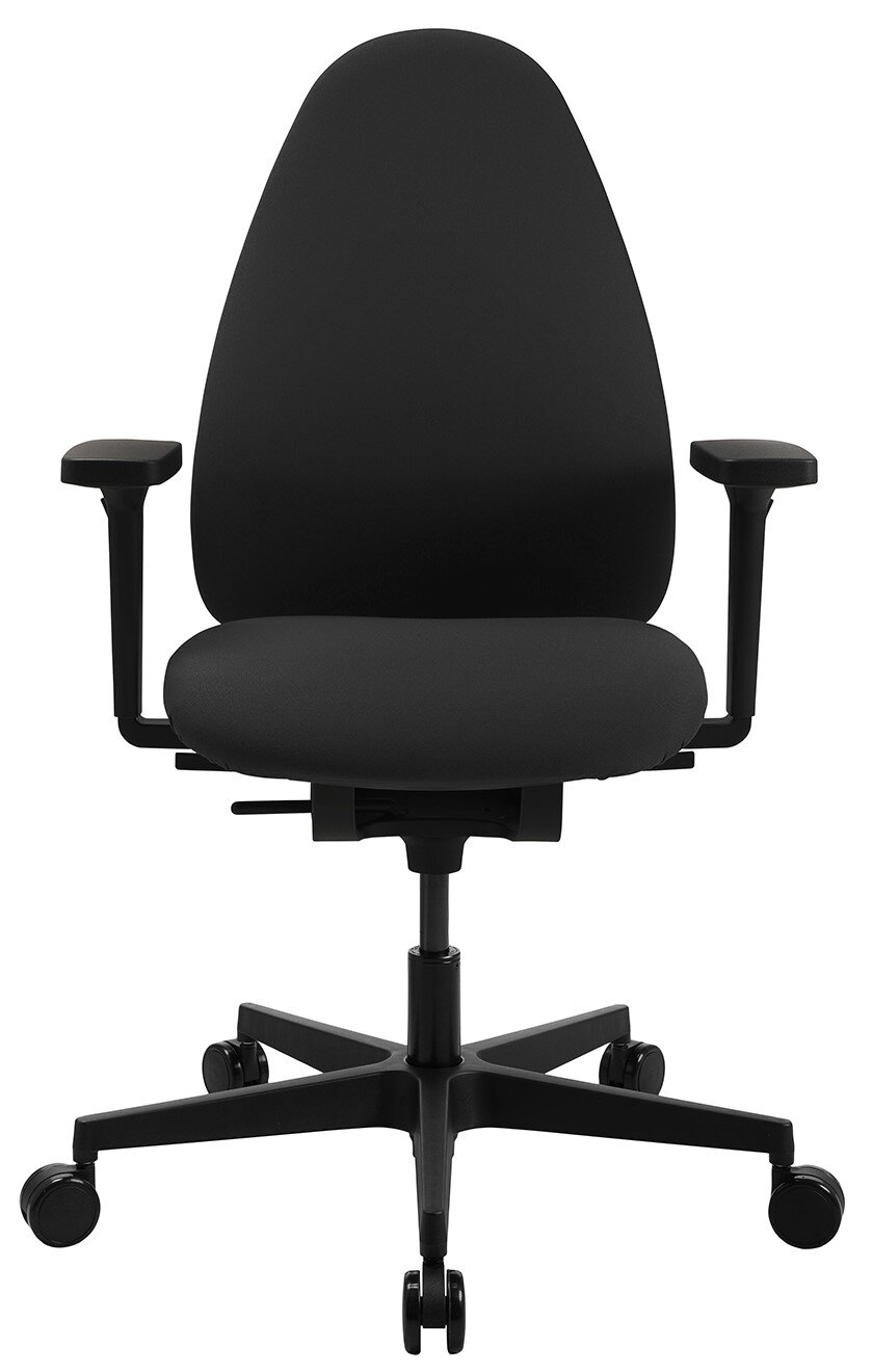 Schwarzer Bürostuhl mit Armlehnen und Rollen, Vorderansicht