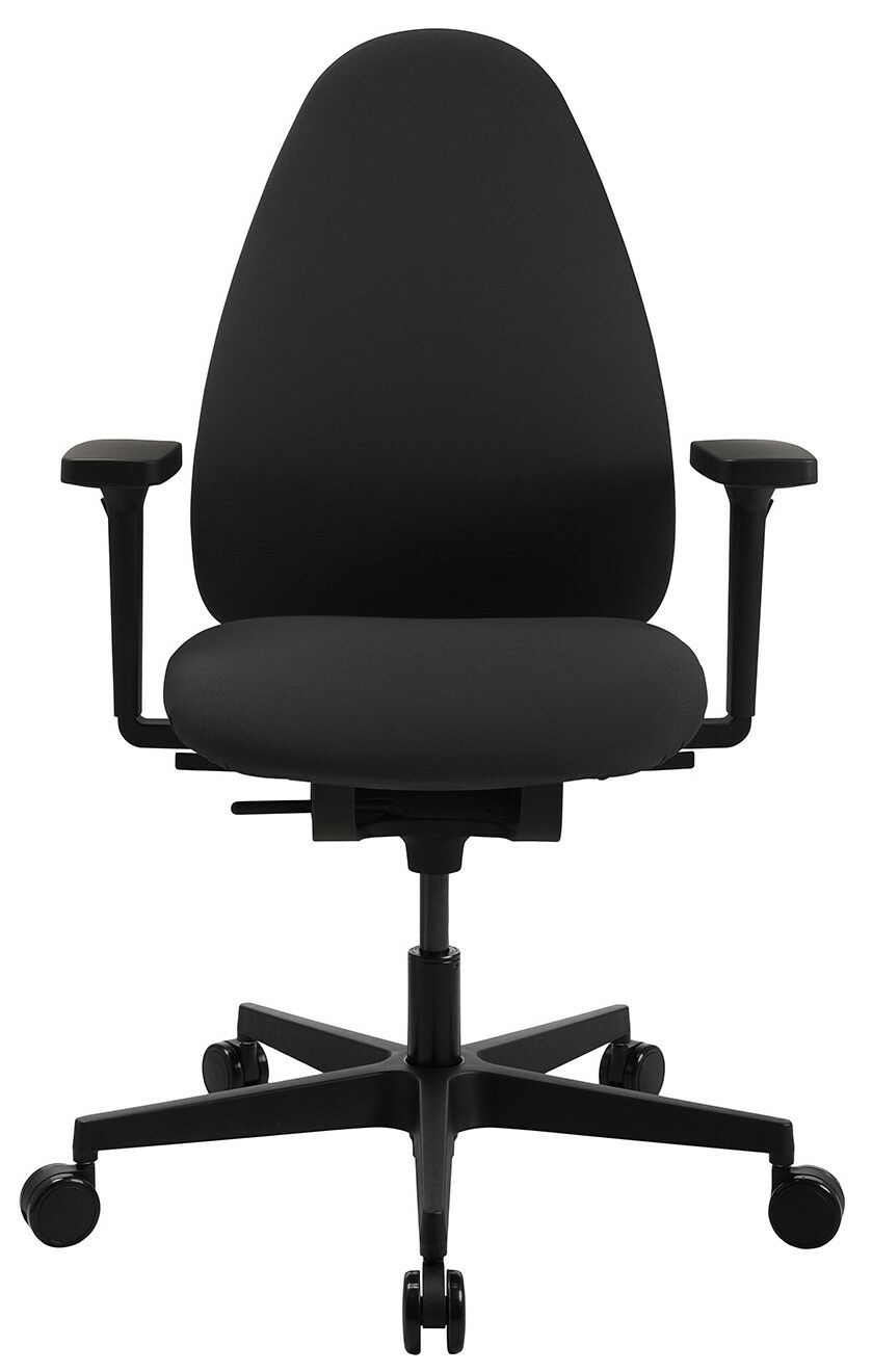 Schwarzer Bürostuhl mit Armlehnen und Rollen, Vorderansicht