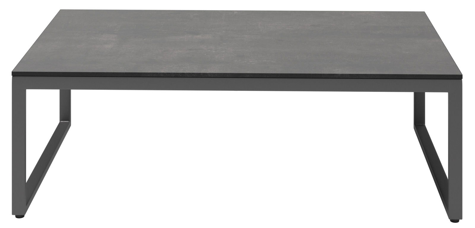 Moderner Loungetisch mit rechteckiger Tischplatte und schlankem Metallgestell, Frontalansicht.