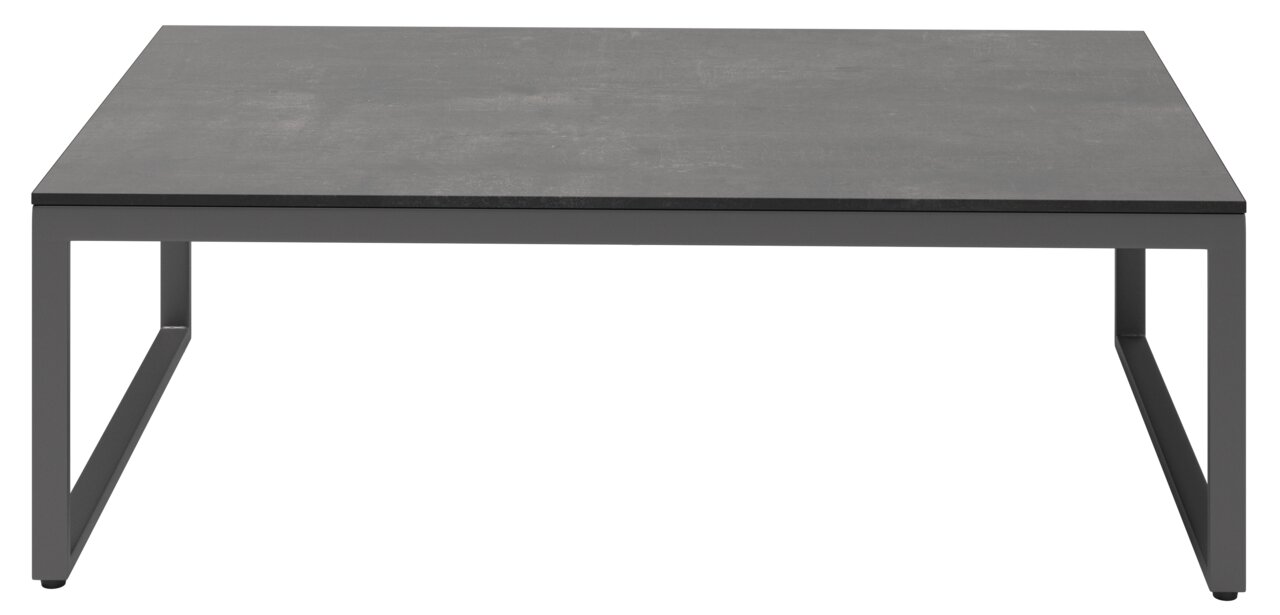 Moderner Loungetisch mit rechteckiger Tischplatte und schlankem Metallgestell, Frontalansicht.
