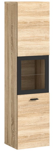 Moderner Badschrank aus Holz mit zwei Türen und einem Glaseinsatz, seitliche Perspektive