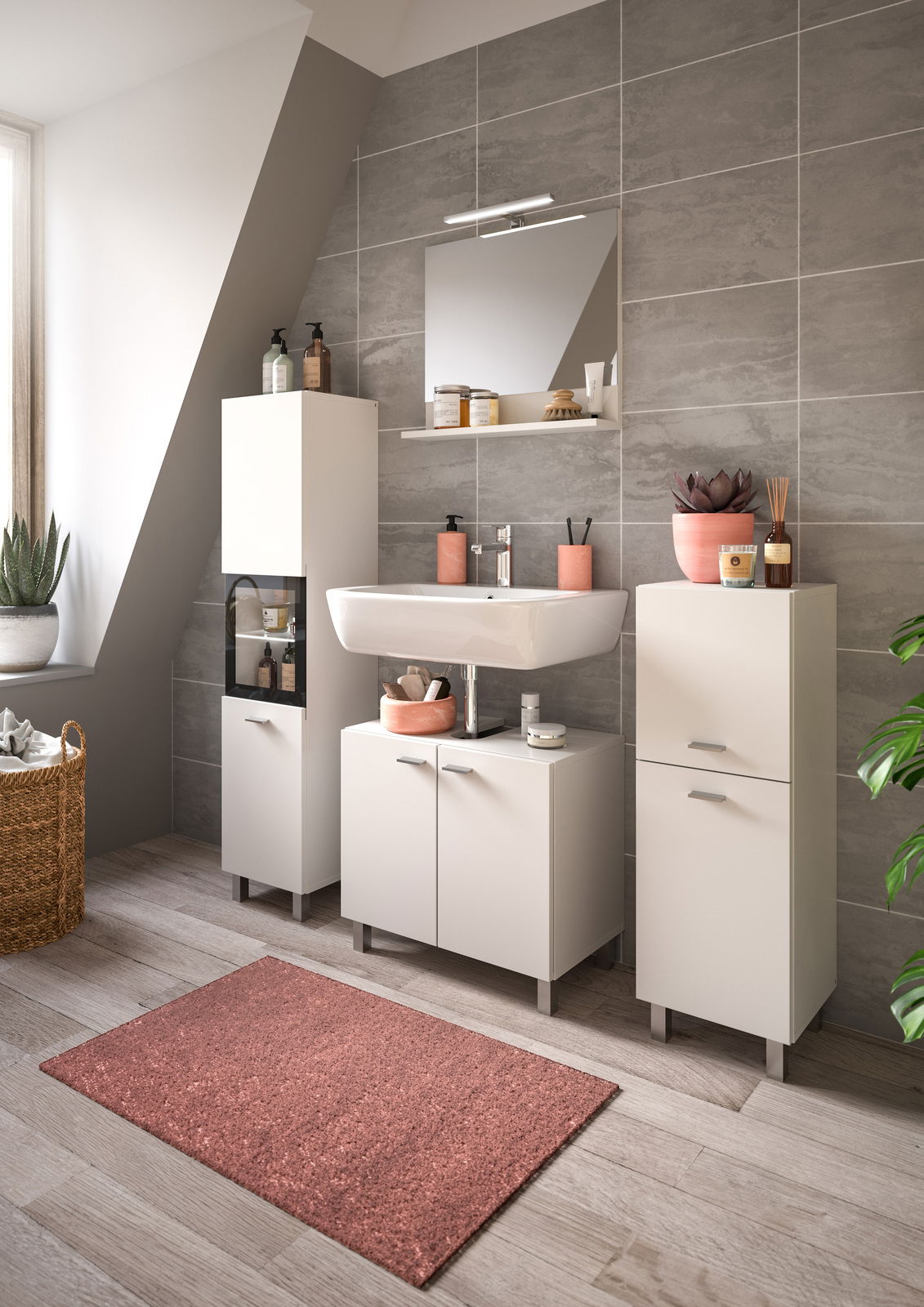 MID.YOU Badschrank BOSTON Moderner Badschrank in einem stilvollen Badezimmer mit grauen Fliesen und einem Waschbecken, seitliche Perspektive