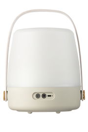 Frontansicht einer tragbaren, weißen LED-Lampe mit Griff und Bedienelementen an der Basis.