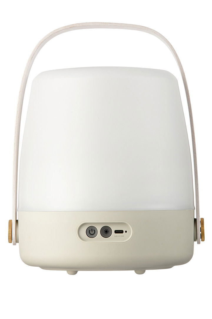 Frontansicht einer tragbaren, weißen LED-Lampe mit Griff und Bedienelementen an der Basis.