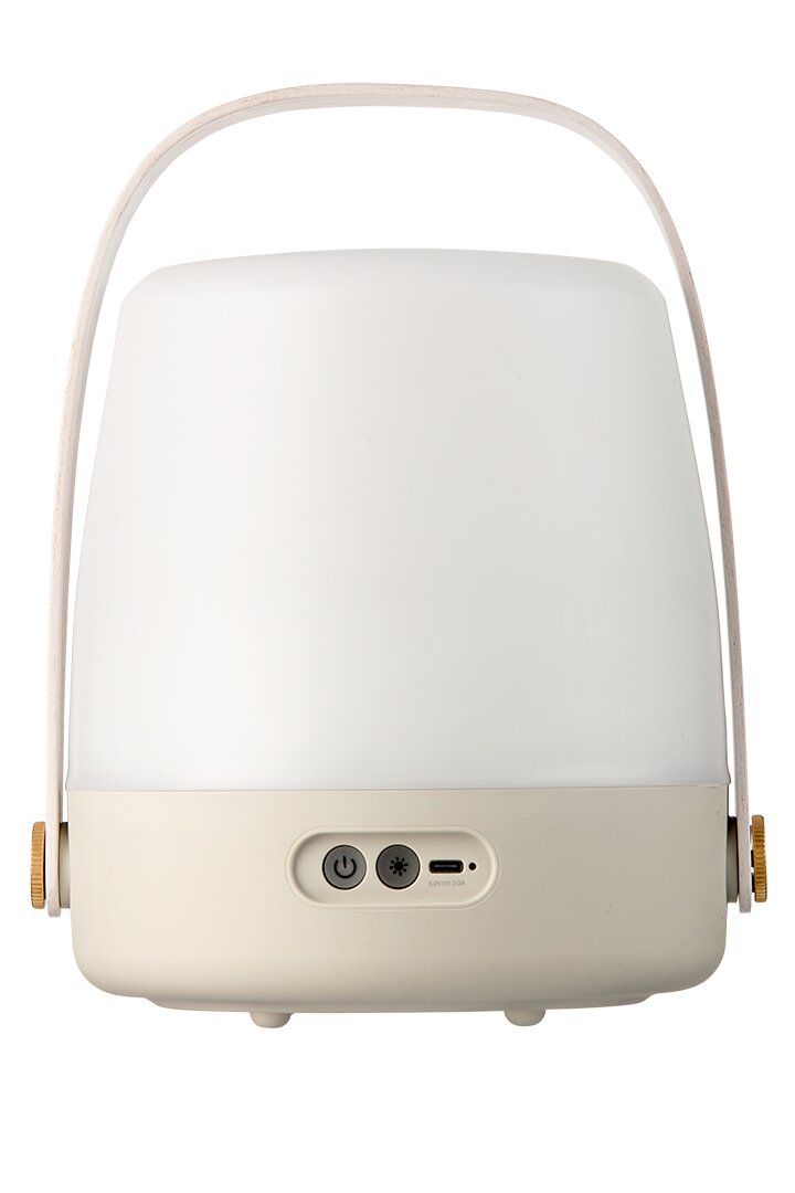 Frontansicht einer tragbaren, weißen LED-Lampe mit Griff und Bedienelementen an der Basis.