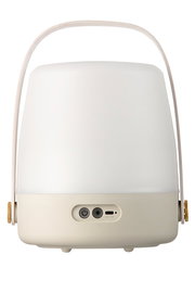 Frontansicht einer tragbaren, weißen LED-Lampe mit Griff und Bedienelementen an der Basis.