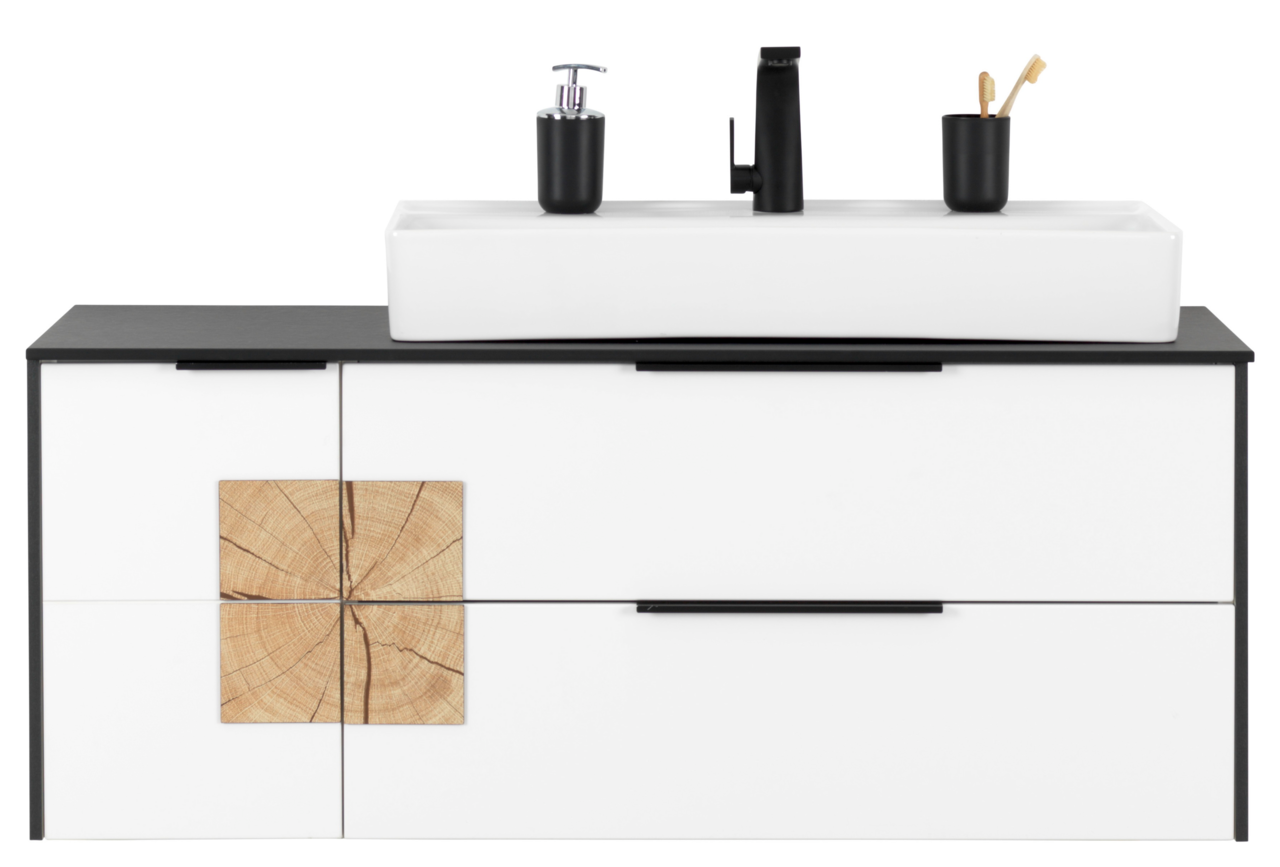 Frontale Ansicht eines modernen Waschtisch-Sets mit weißem Waschbecken, schwarzem Wasserhahn und Holzdekor.