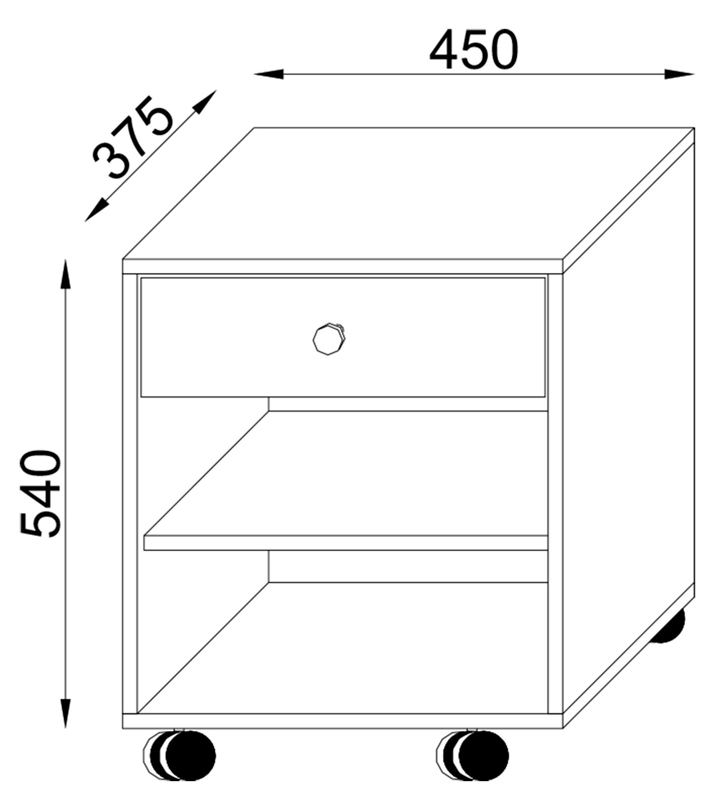 Technische Strichzeichnung eines rollbaren Nachttischs/Beistellschranks mit Schublade und offenem Fach, Maße ca. 450 x 375 x 540 mm, perspektivische Frontansicht leicht von oben